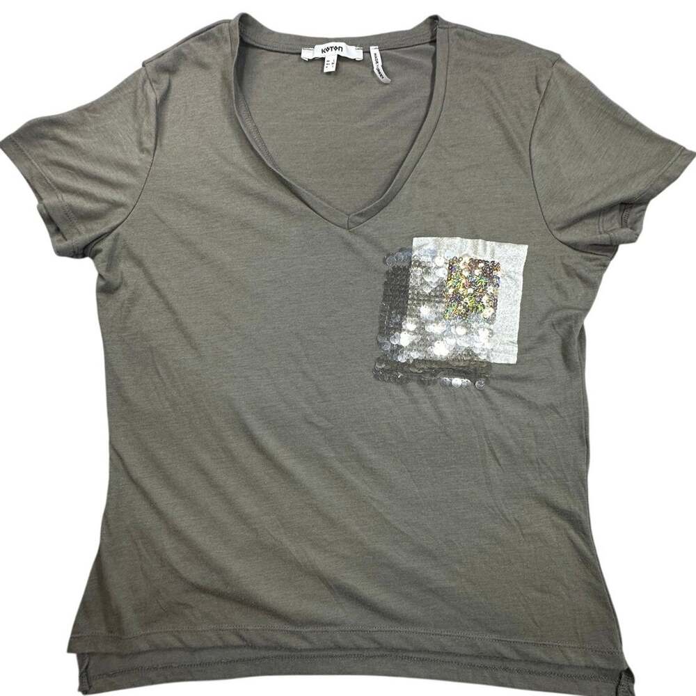 Koton Shirt Sequin Pocket V Neck Olive Green L